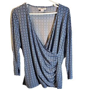Liz Claiborne Blue Geometric Surplice Draped Top L Stretch 3/4 Sleeve